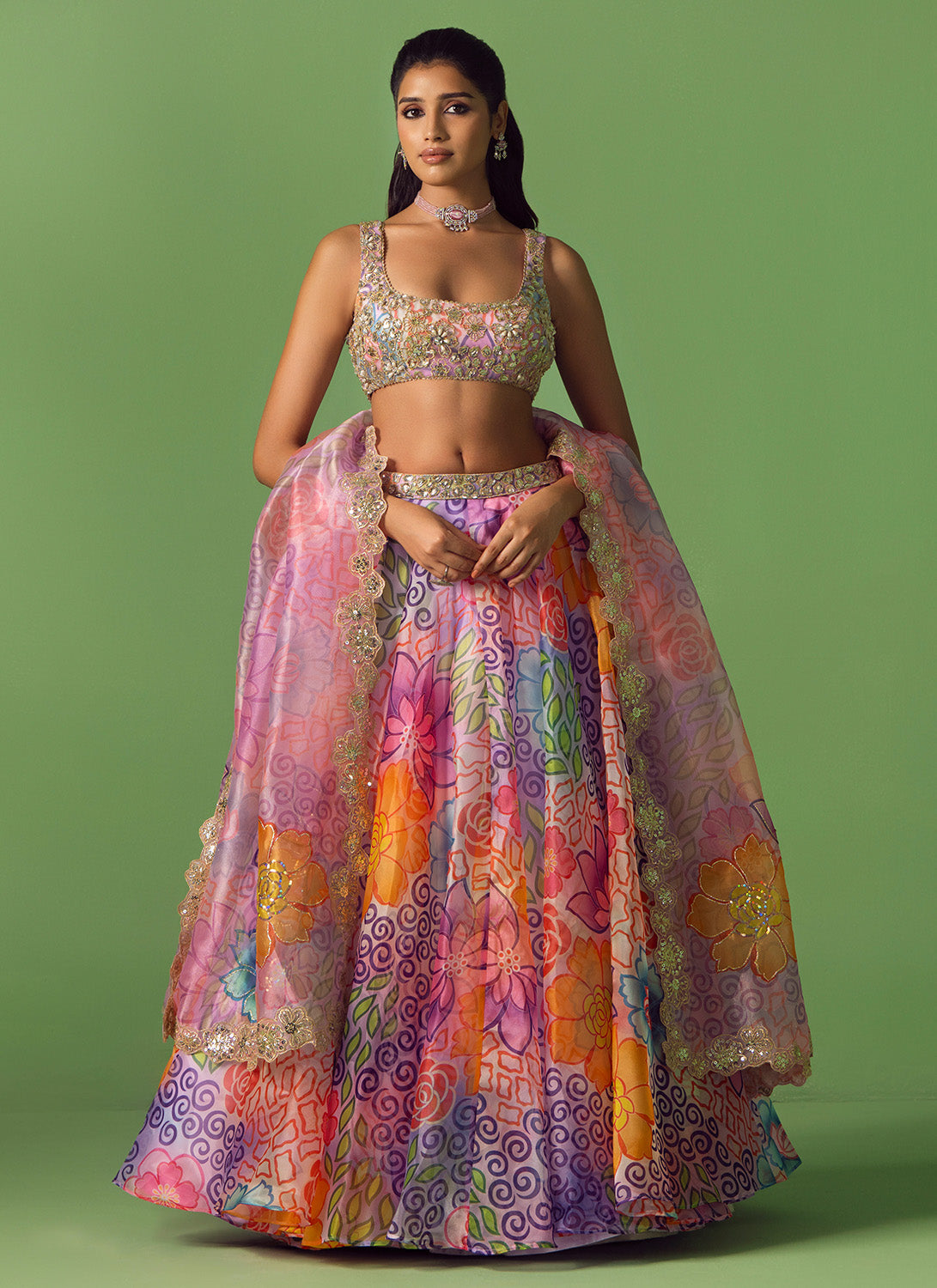 Purple Multicolor Floral Printed Organza Lehenga
