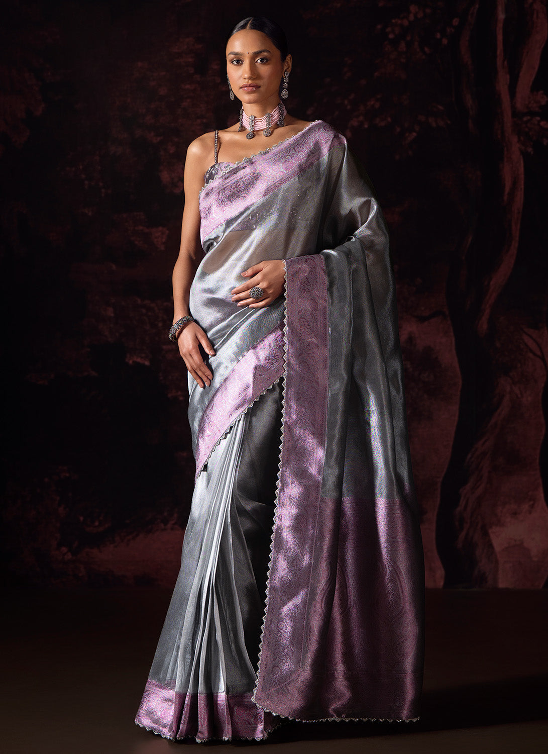 Purple and Grey Embroidered Tissue Saree
