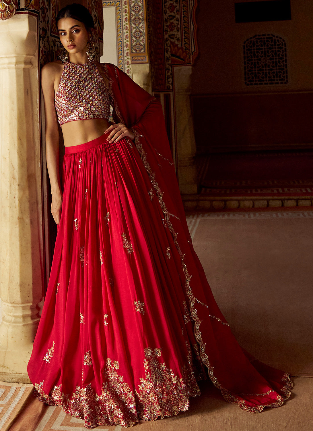 Red Embroidered Silk Lehenga