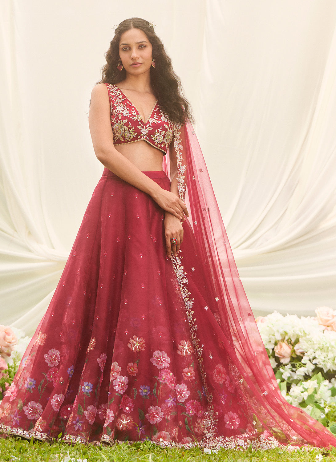 Red Multicolor Floral Embroidered Lehenga