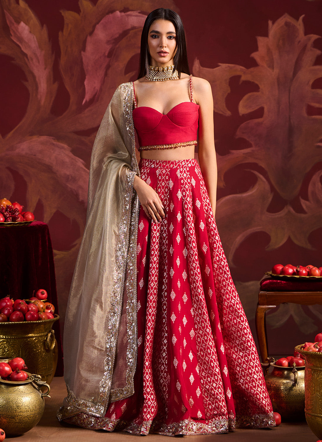 Red Embroidered Brocade Lehenga