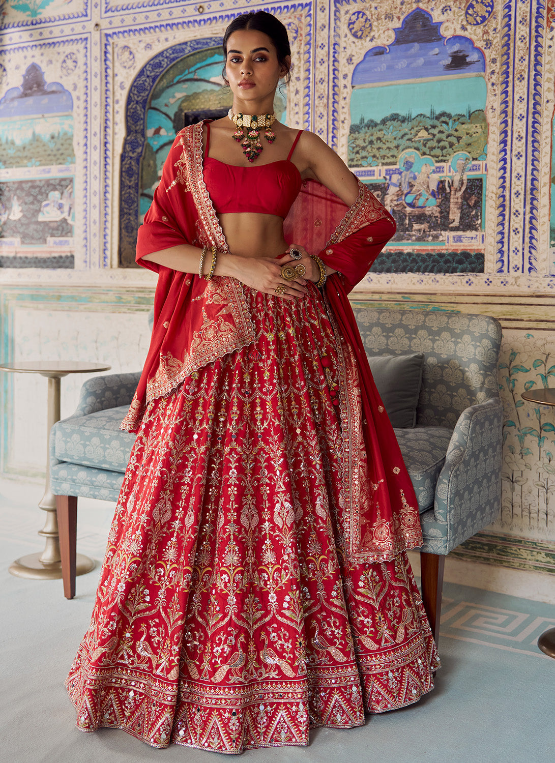 Red Embroidered Viscose Silk Lehenga