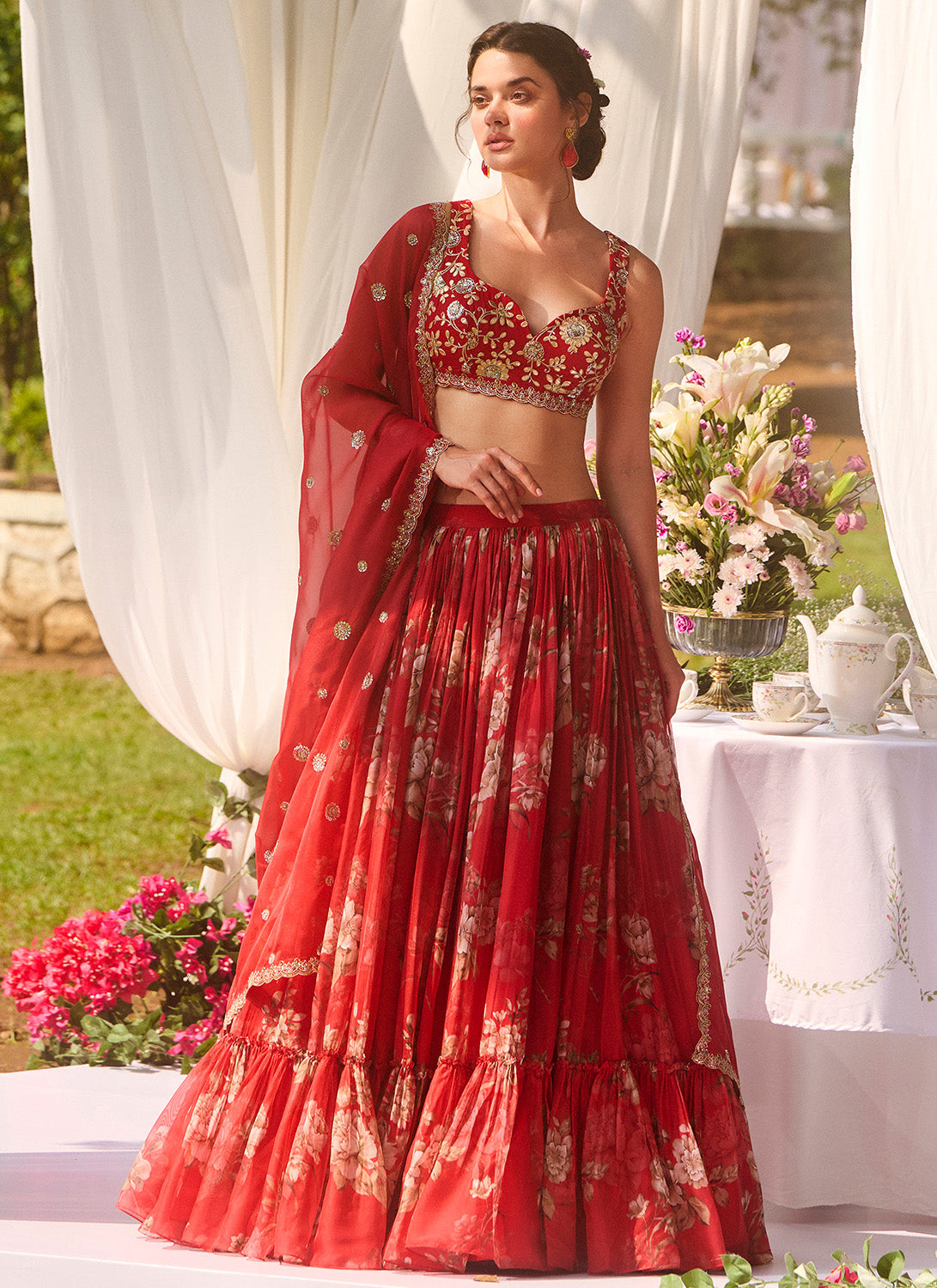 Red Multicolor Floral Embroidered Lehenga