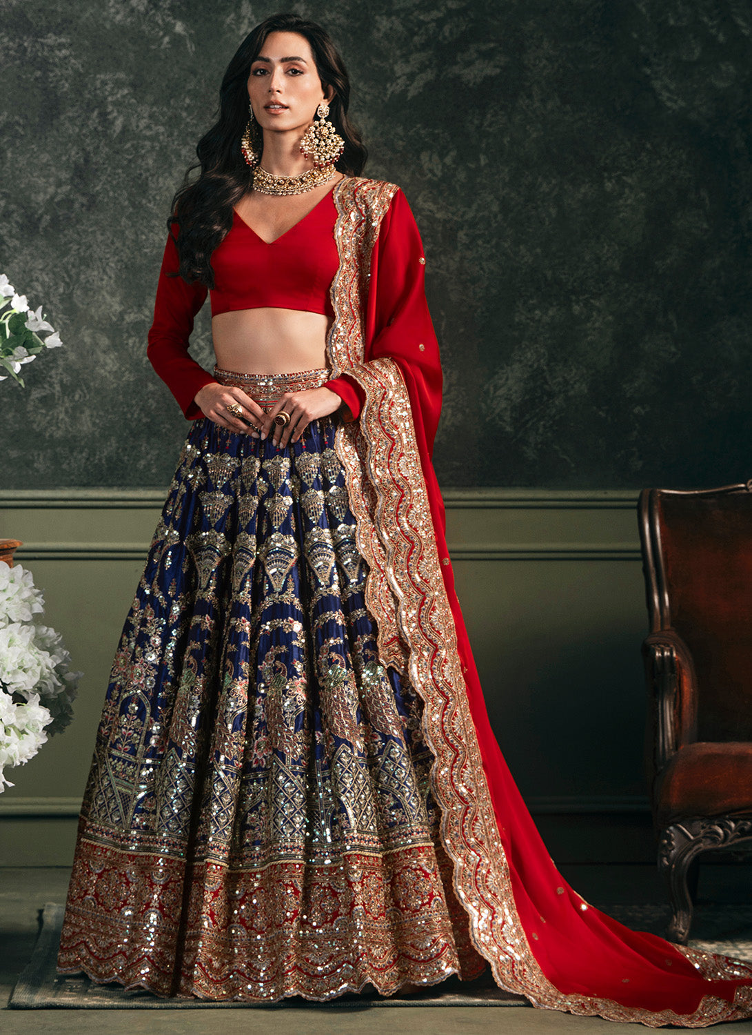 Red and Blue Embroidered Silk Velvet Lehenga