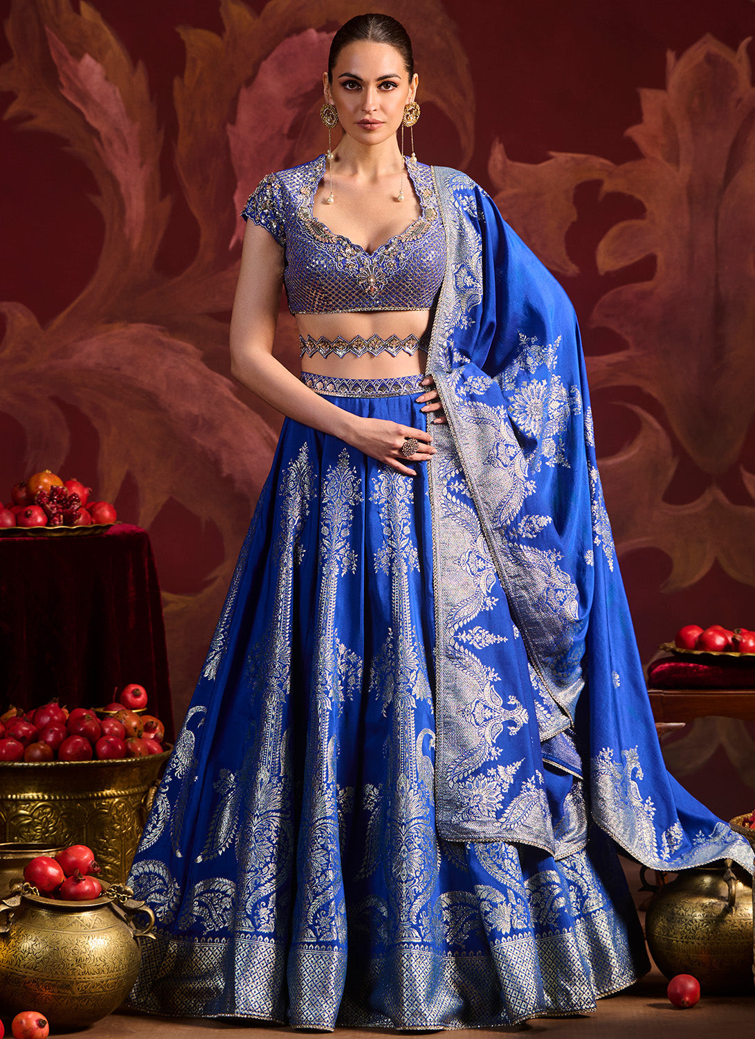 Royal Blue Embroidered Brocade Lehenga