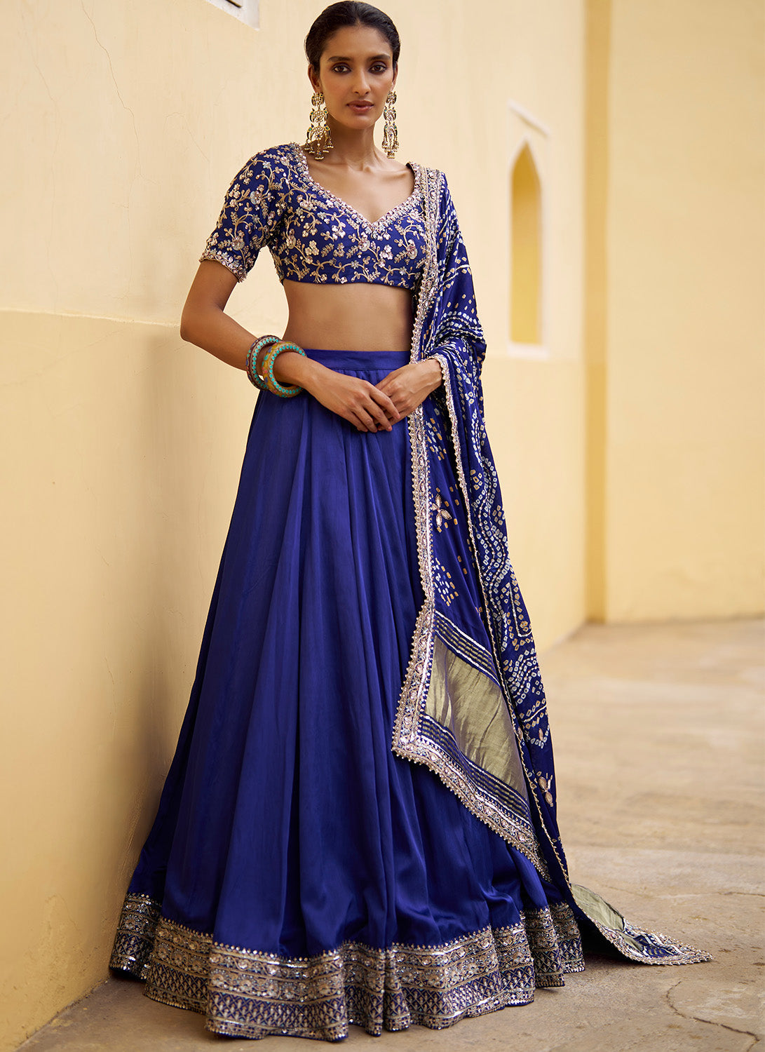 Royal Blue Embroidered Pure Bandhani Lehenga