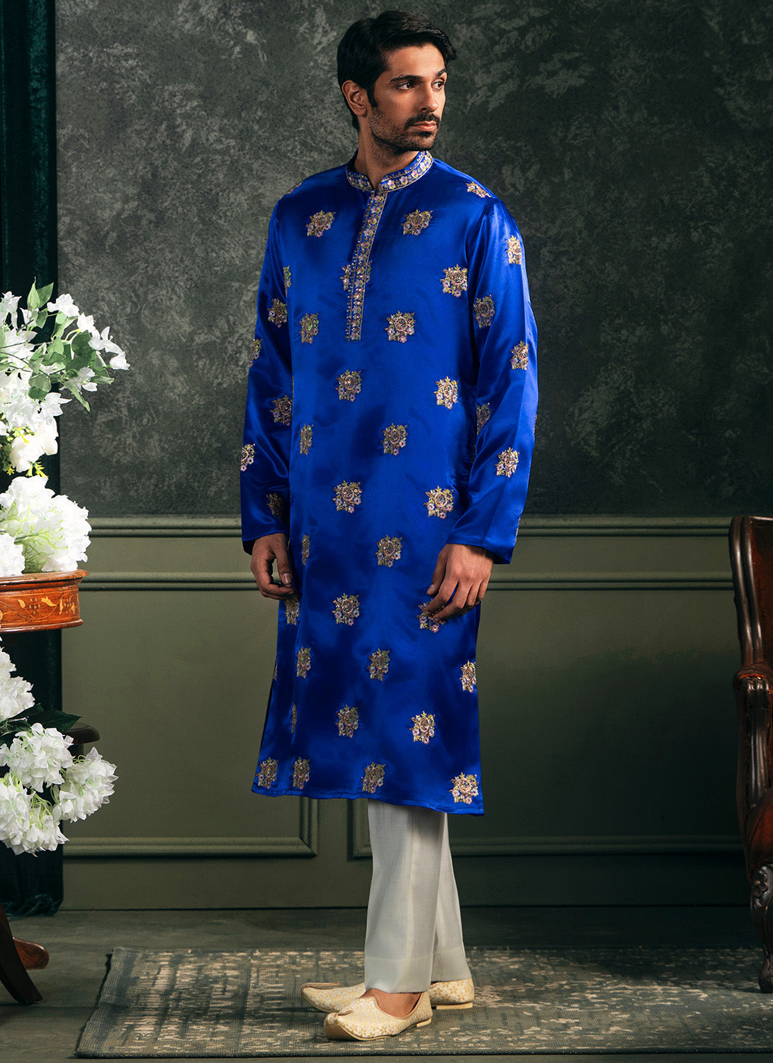 Royal Blue Embroidered Satin Kurta Set
