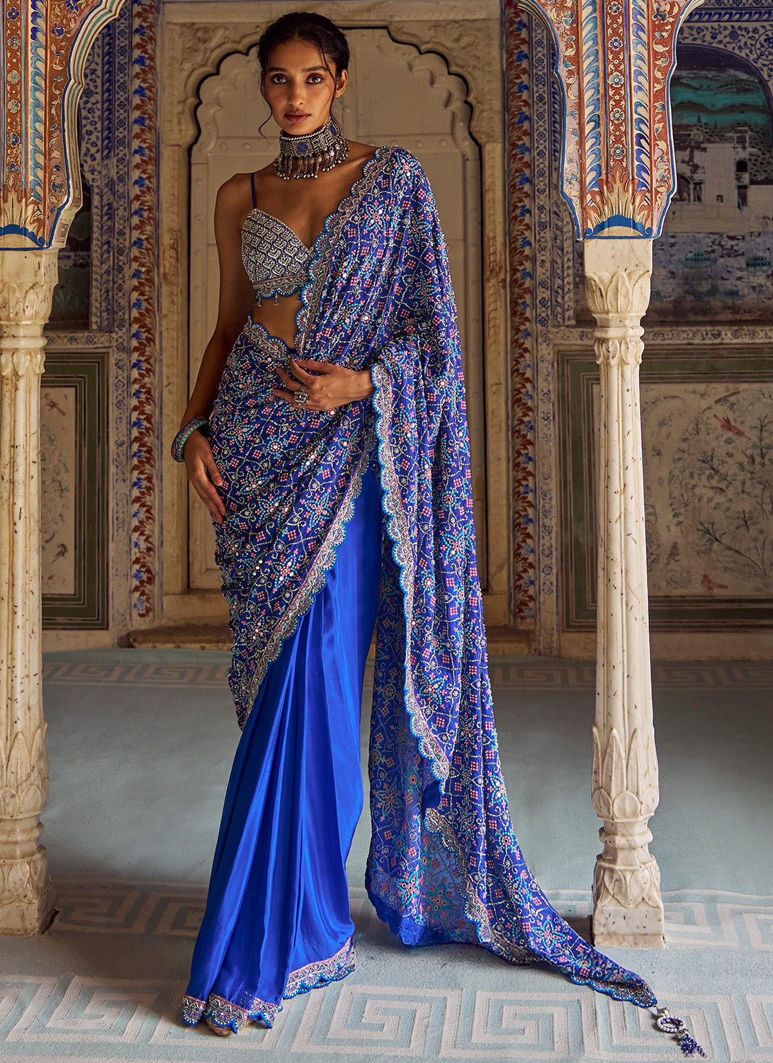 Royal Blue Embroidered Viscose Chiffon Saree