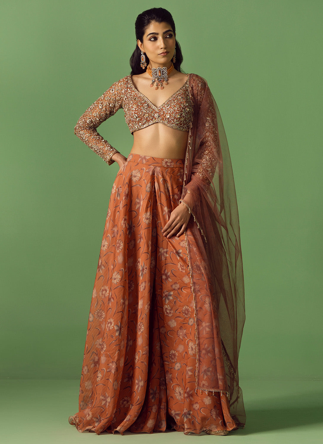 Rust Floral Printed Organza Sharara