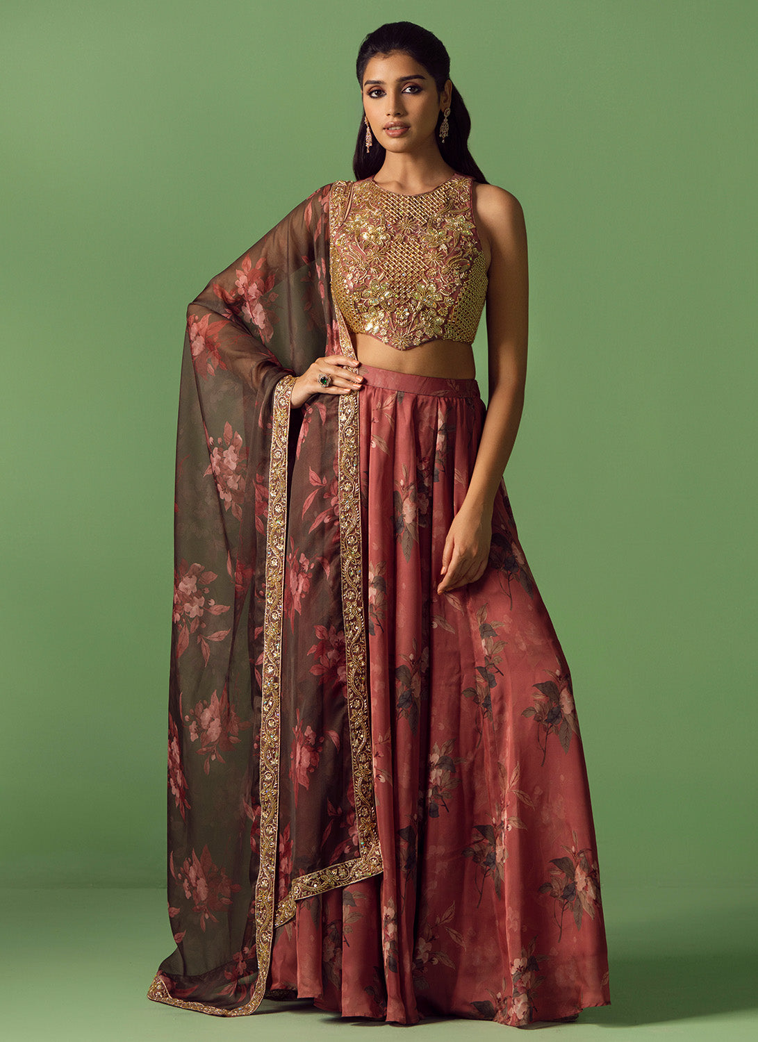 Rust Multicolor Floral Printed Sharara