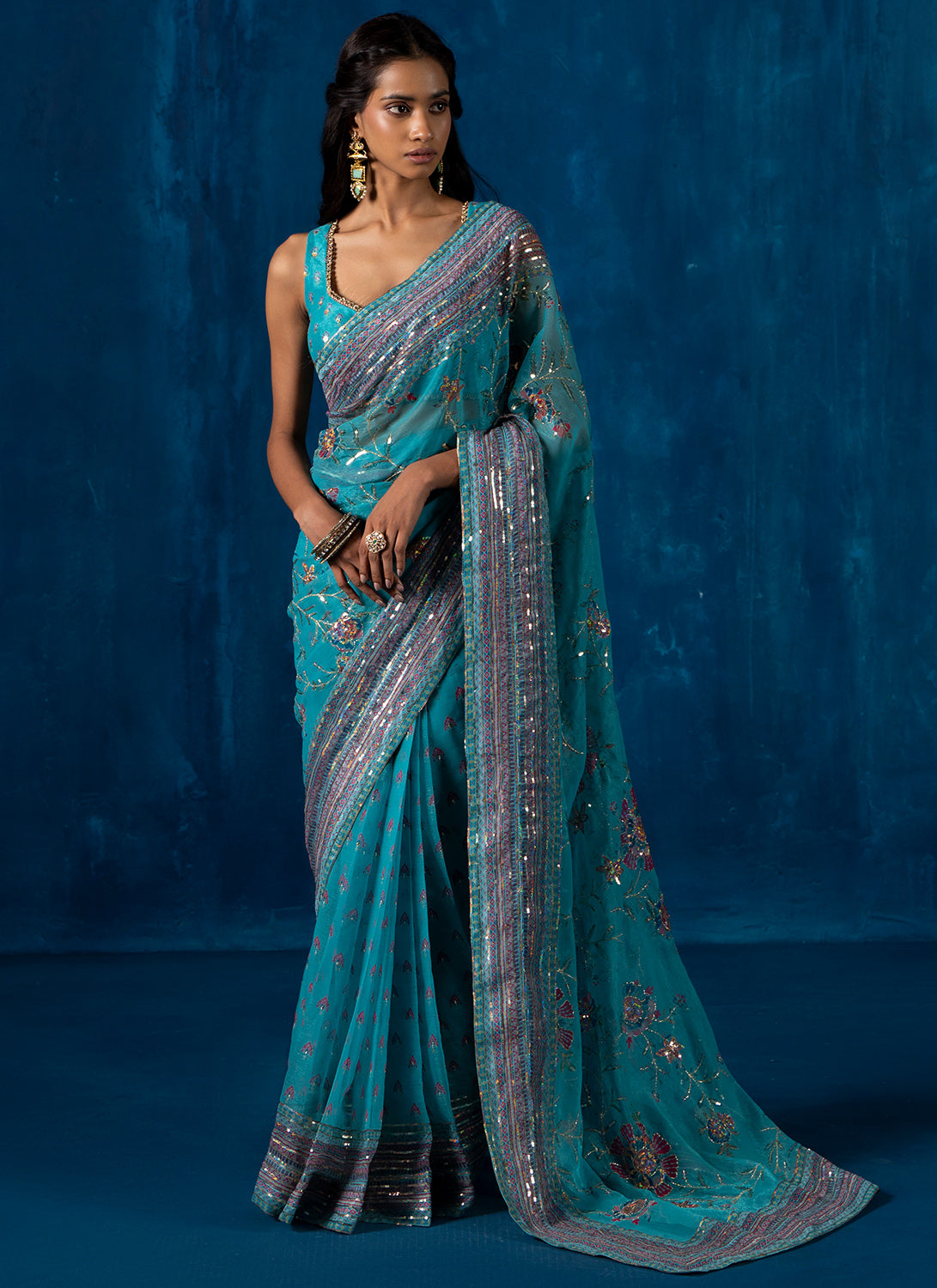 Sea Green Multicolor Embroidered Chiffon Saree