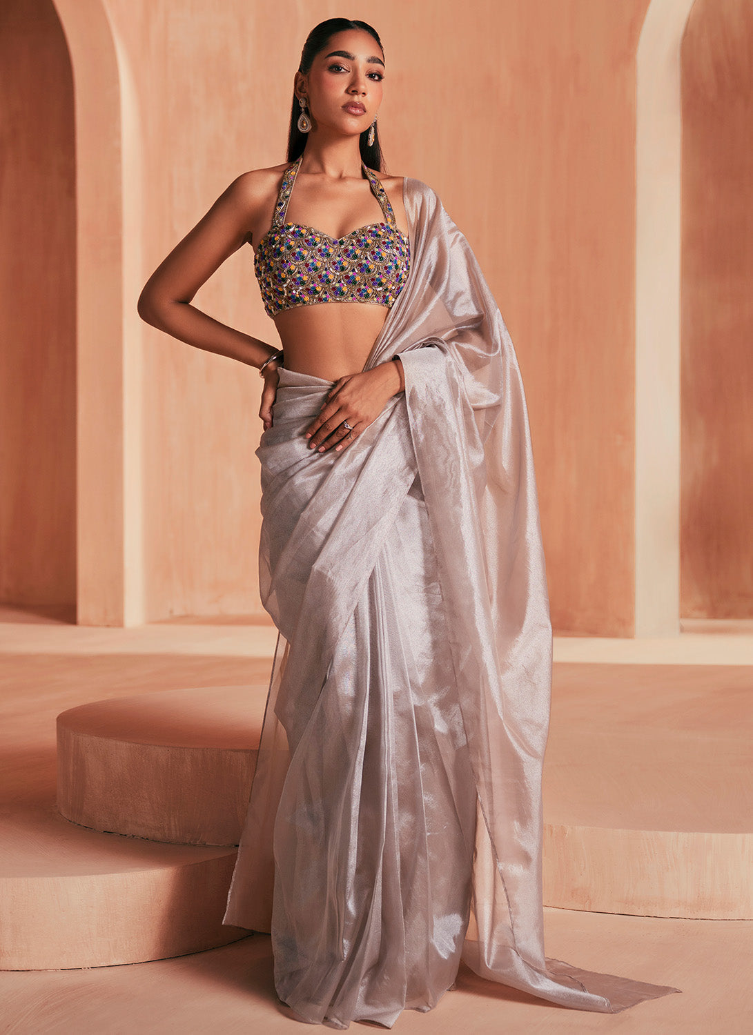 Silver Embroidered Tissue Saree