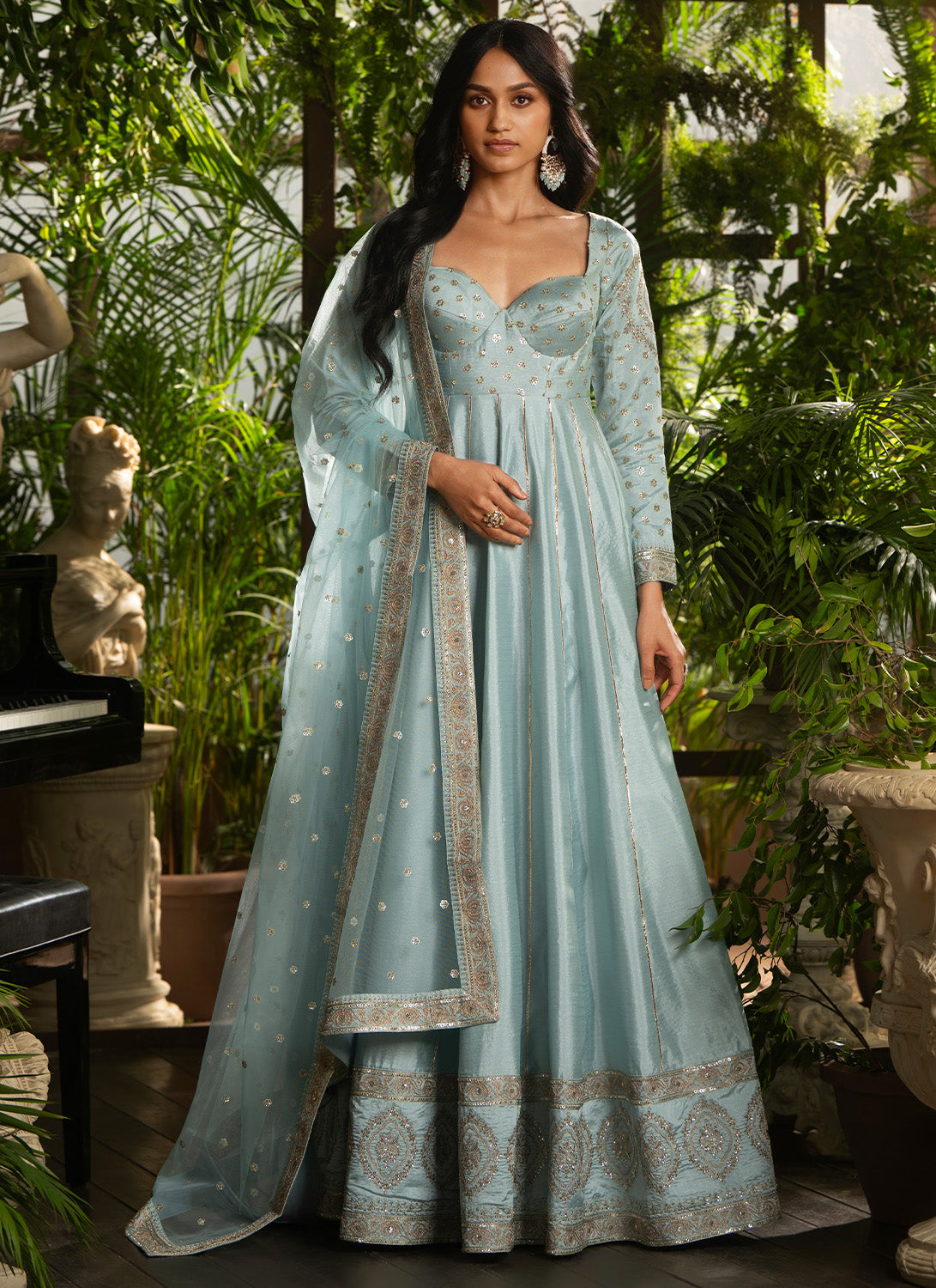 Sky Blue Embroidered Silk Anarkali