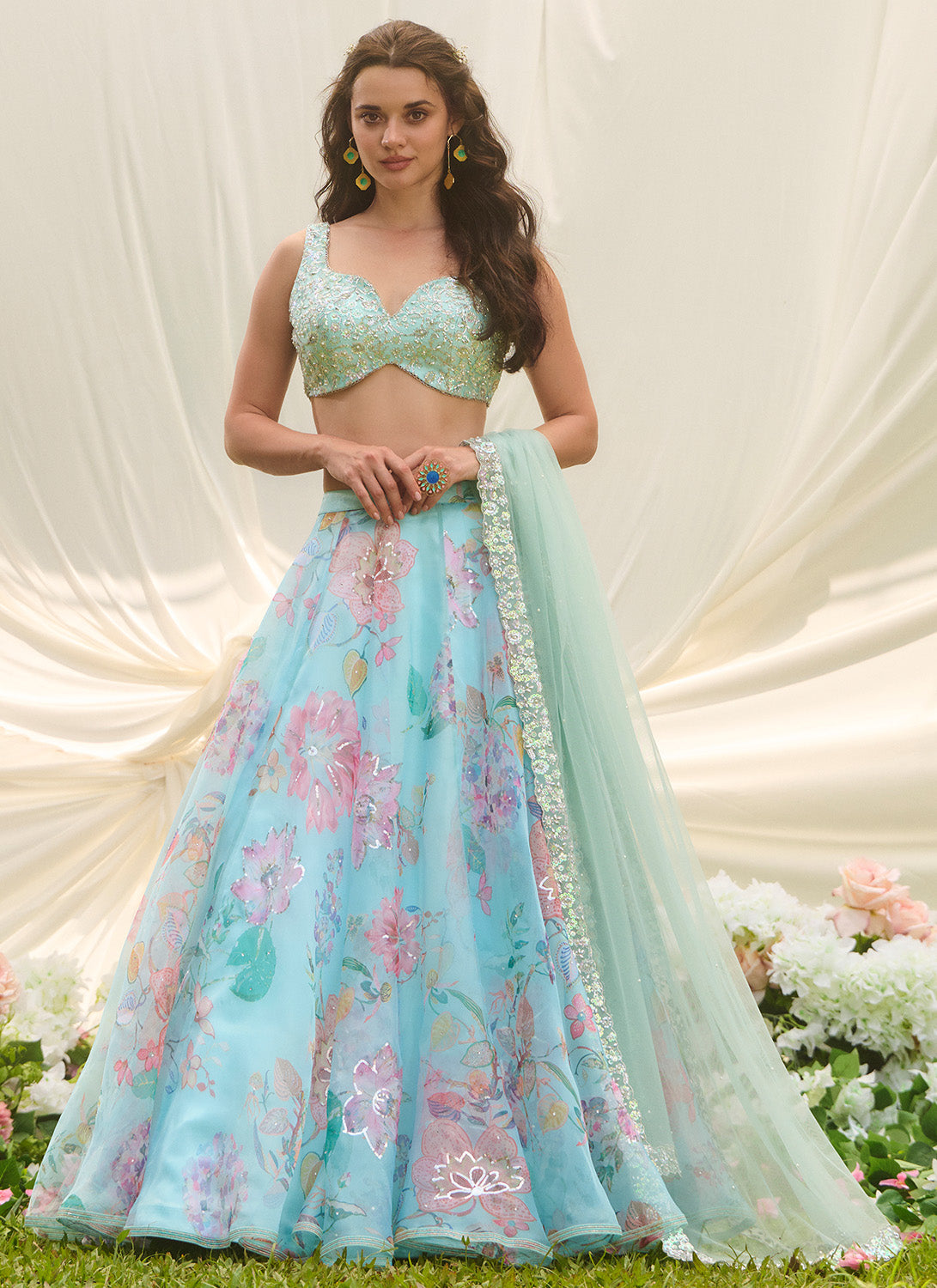 Sky Blue Multicolor Floral Embroidered Lehenga