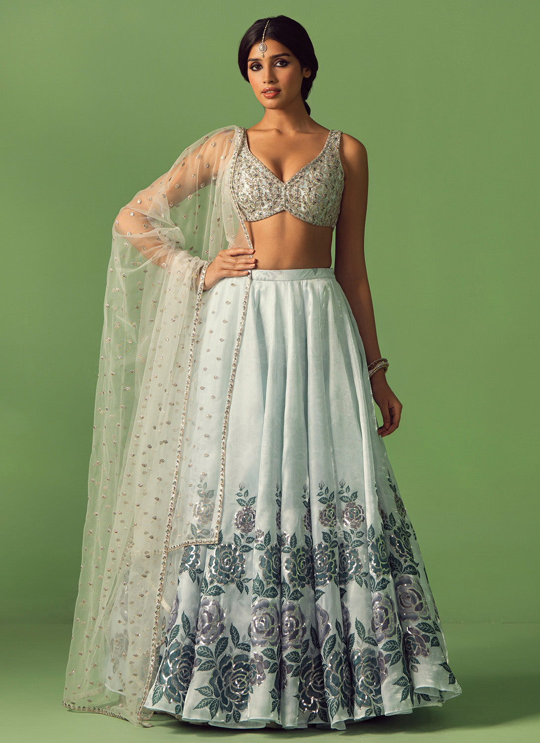 Soft Blue Floral Printed Organza Lehenga