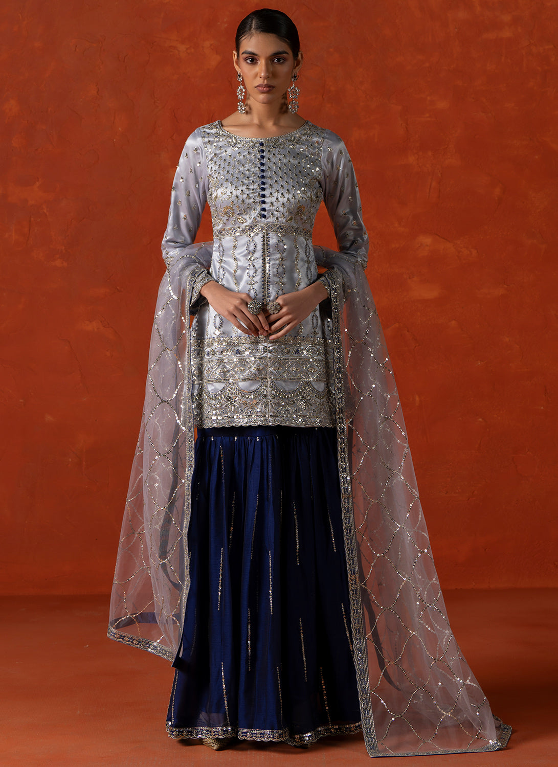 Soft Blue and Navy Blue Embroidered Gharara Suit