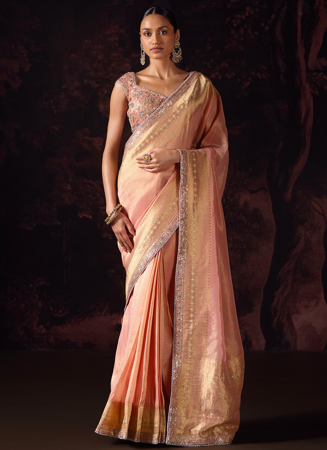 Soft Coral Embroidered Tissue Saree
