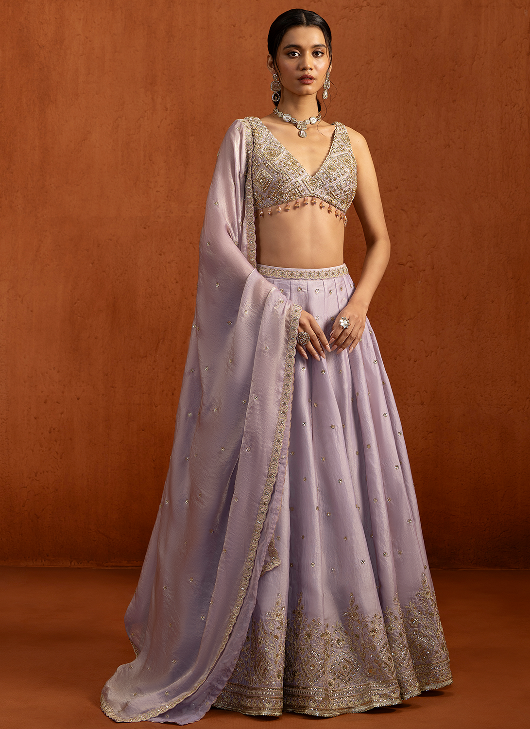 Soft Lilac Embroidered Tissue Lehenga
