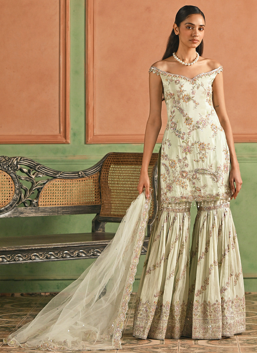 Soft Mint Embroidered Viscose Gharara