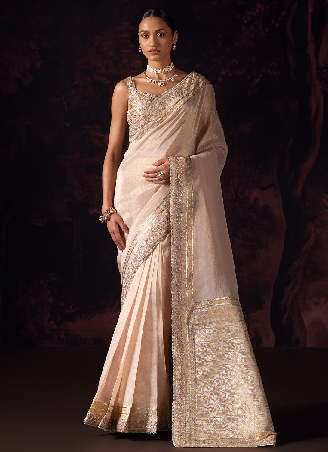 Soft Peach Embroidered Tissue Saree