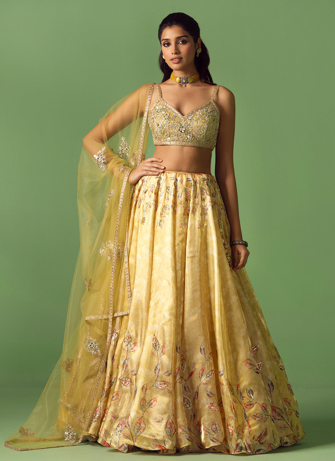 Soft Yellow Floral Printed Organza Lehenga