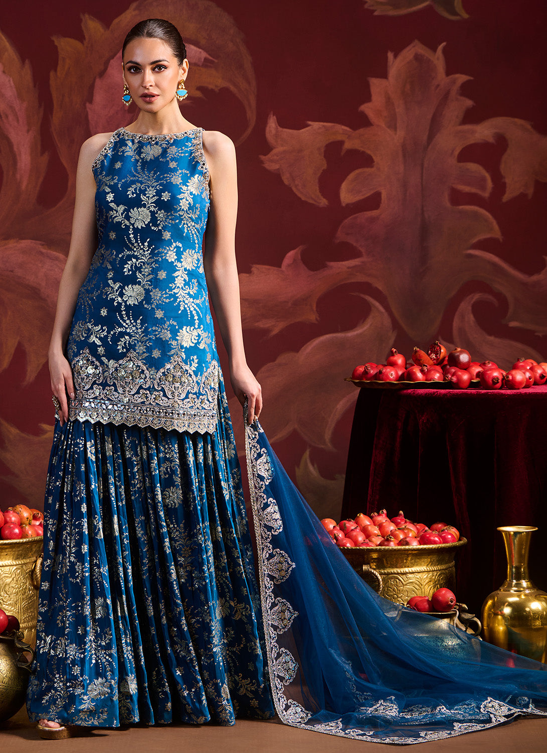 Teal Blue Embroidered Brocade Sharara