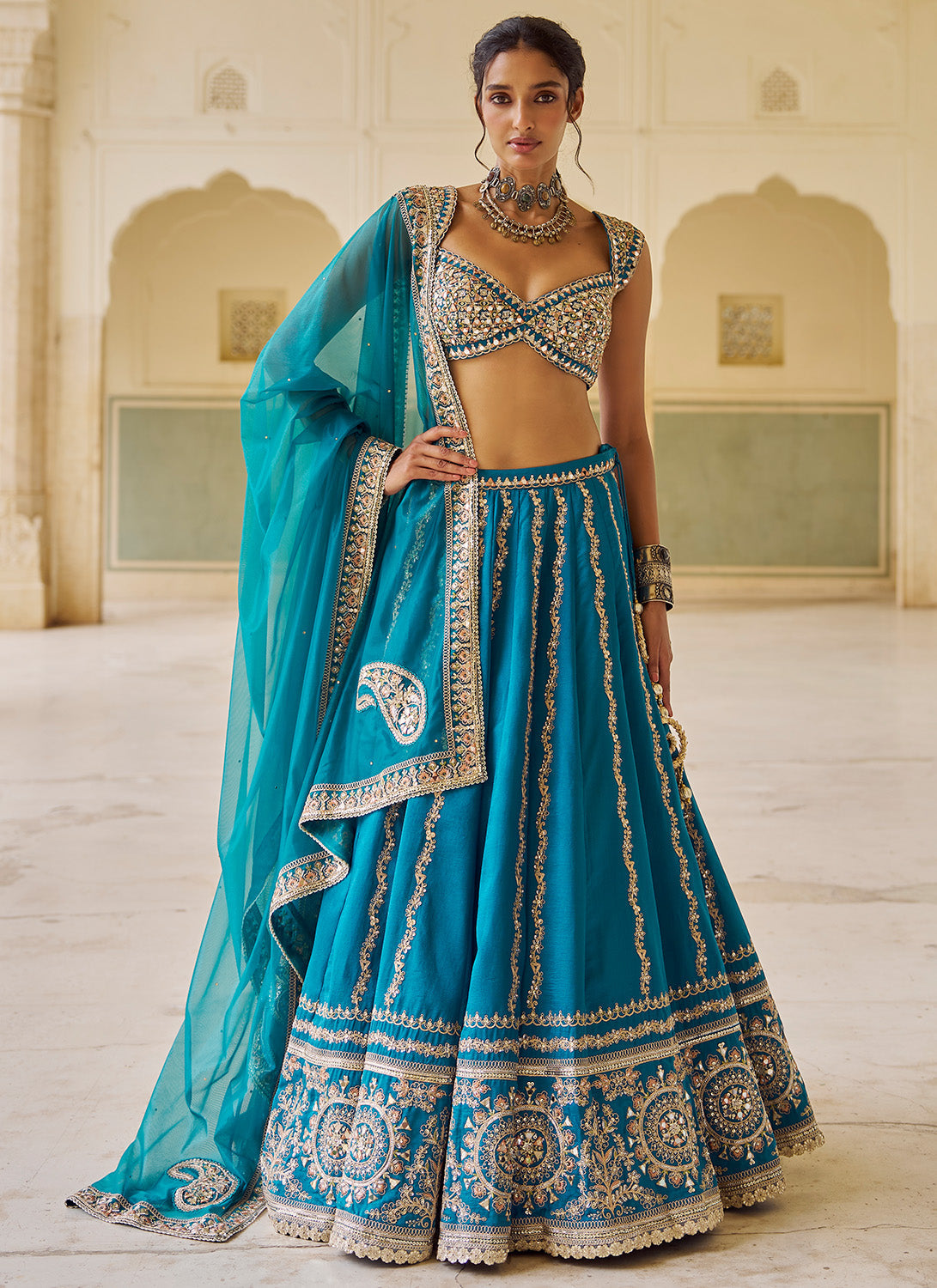 Teal Blue Embroidered Silk Lehenga