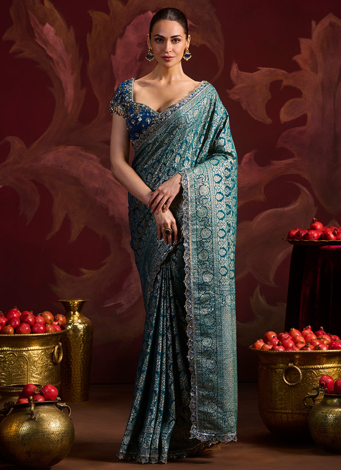 Teal Embroidered Brocade Saree