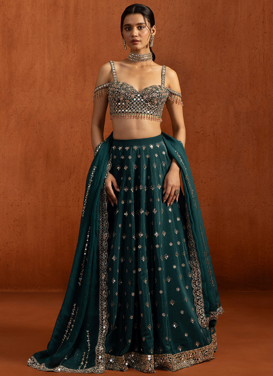 Teal Embroidered Crepe Lehenga