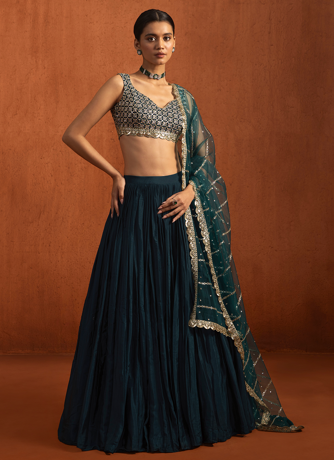 Teal Embroidered Crepe Silk Lehenga