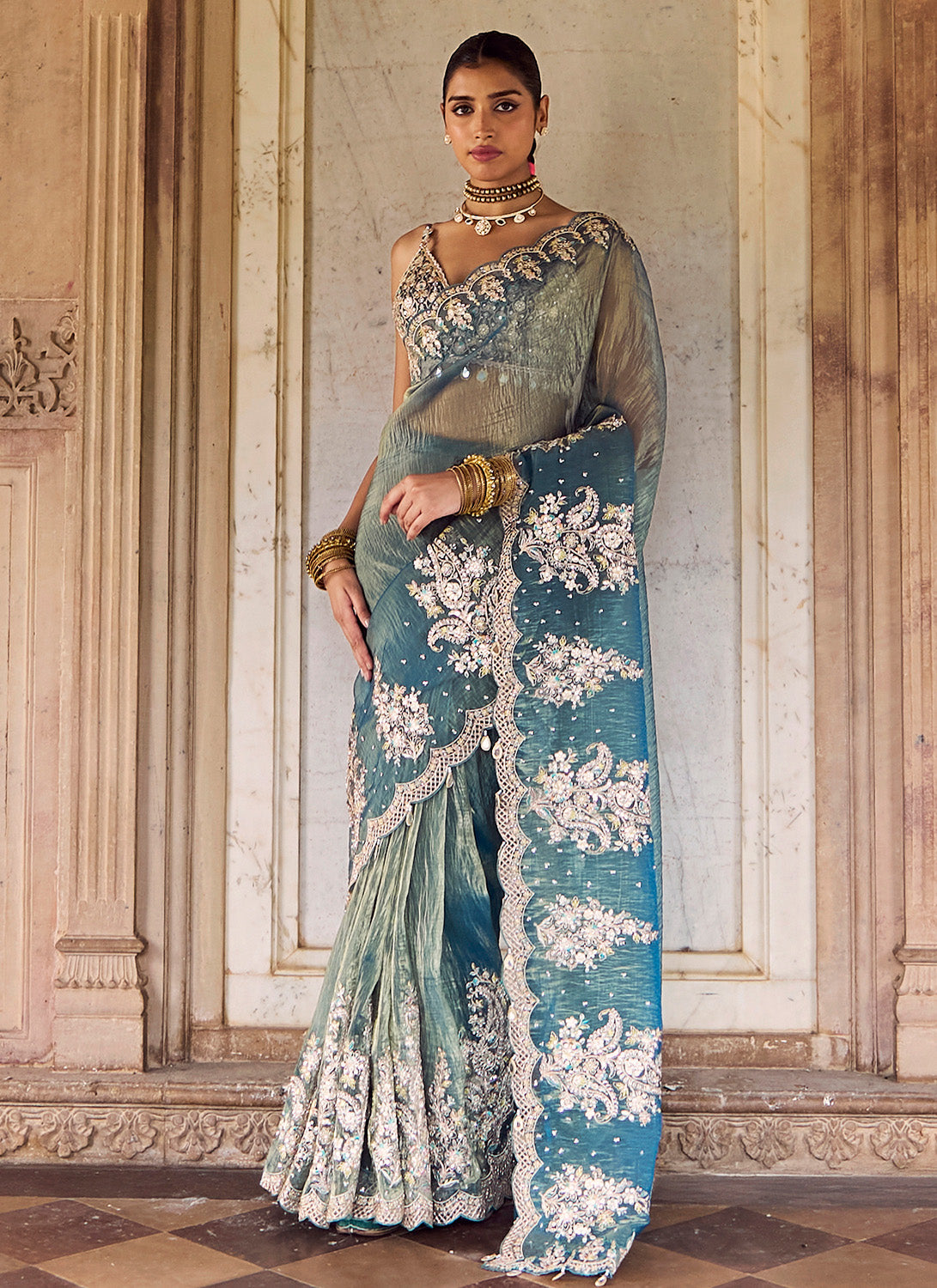 Teal Green Embroidered Saree