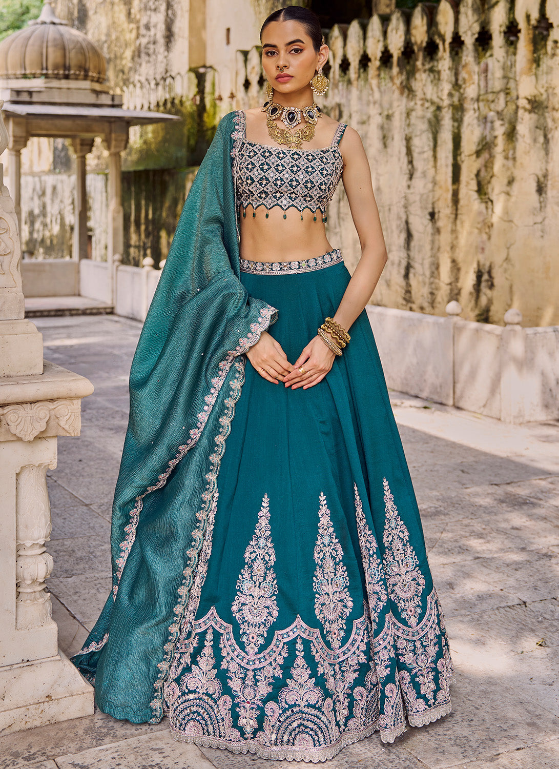 Teal Green Embroidered Silk Lehenga