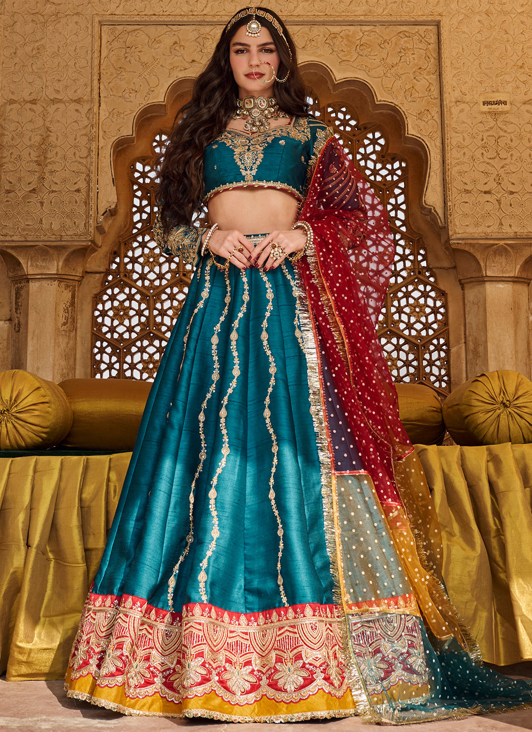 Teal Multicolor Embroidered Silk Lehenga