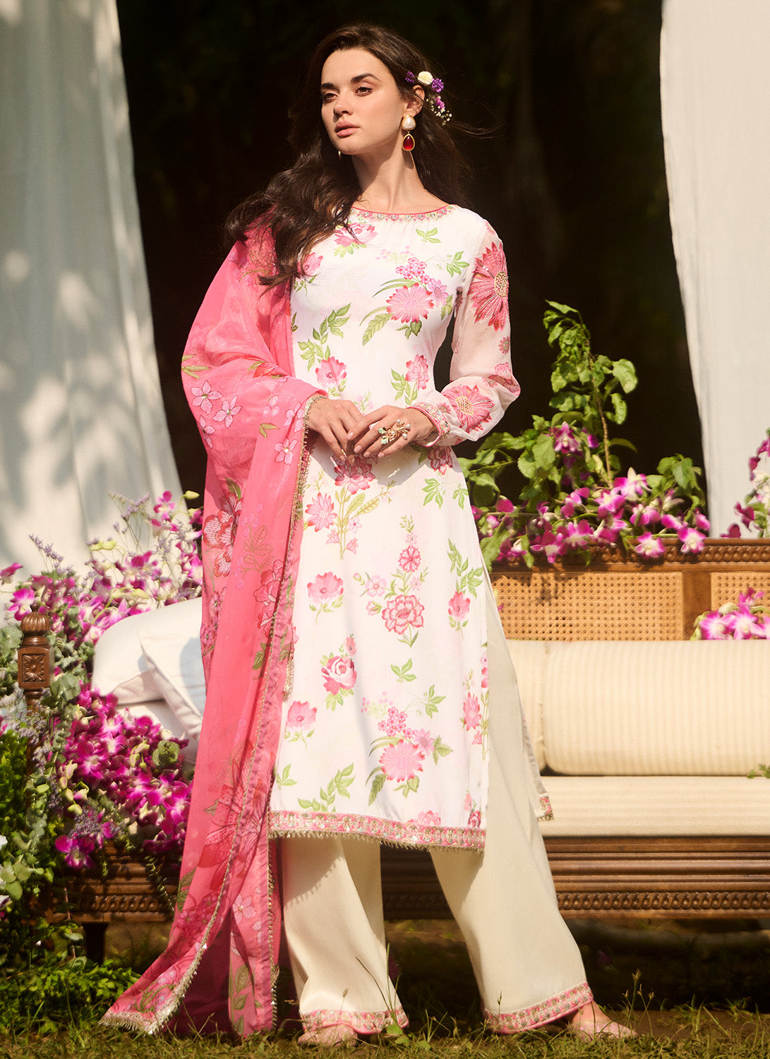White and Pink Floral Printed Palazzo Suit