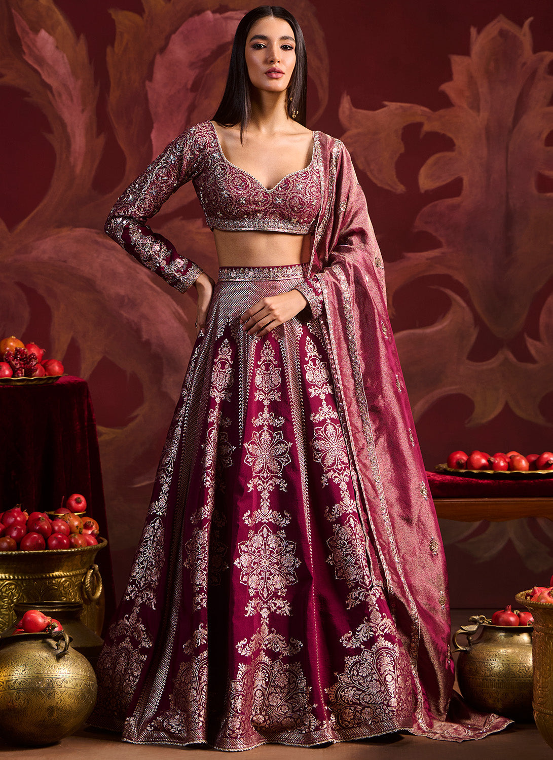 Wine Embroidered Brocade Lehenga