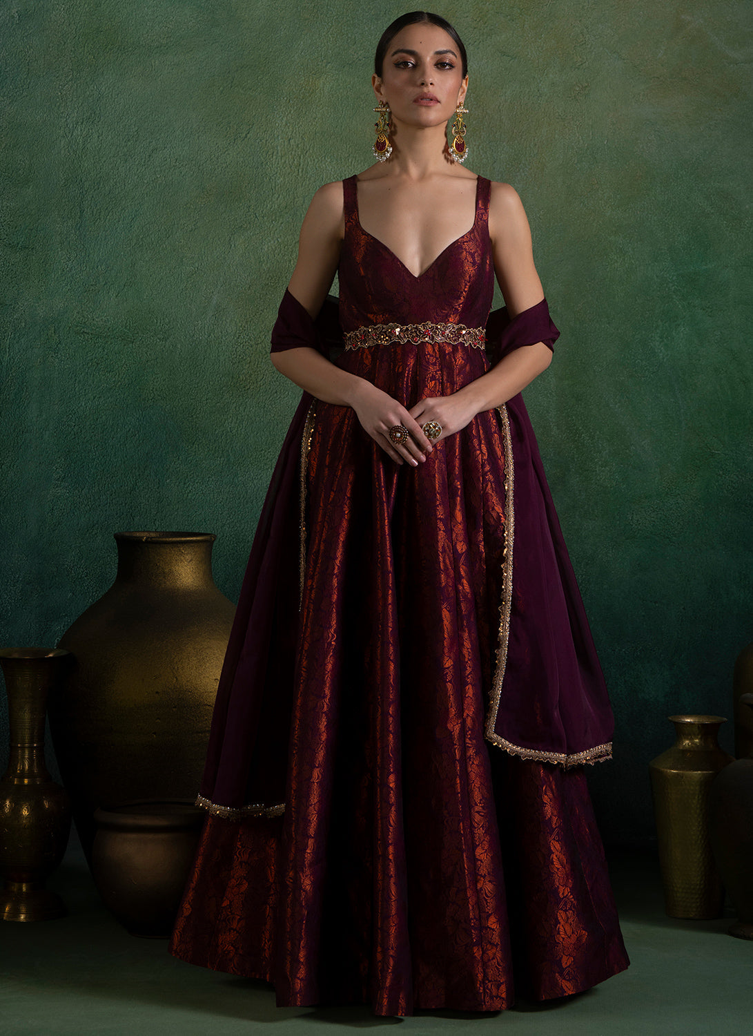 Wine Embroidered Brocade Anarkali