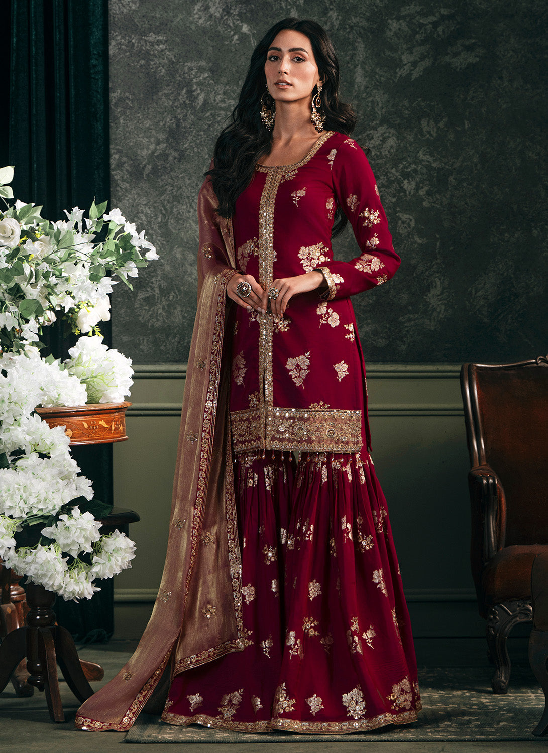 Wine Embroidered Brocade Gharara