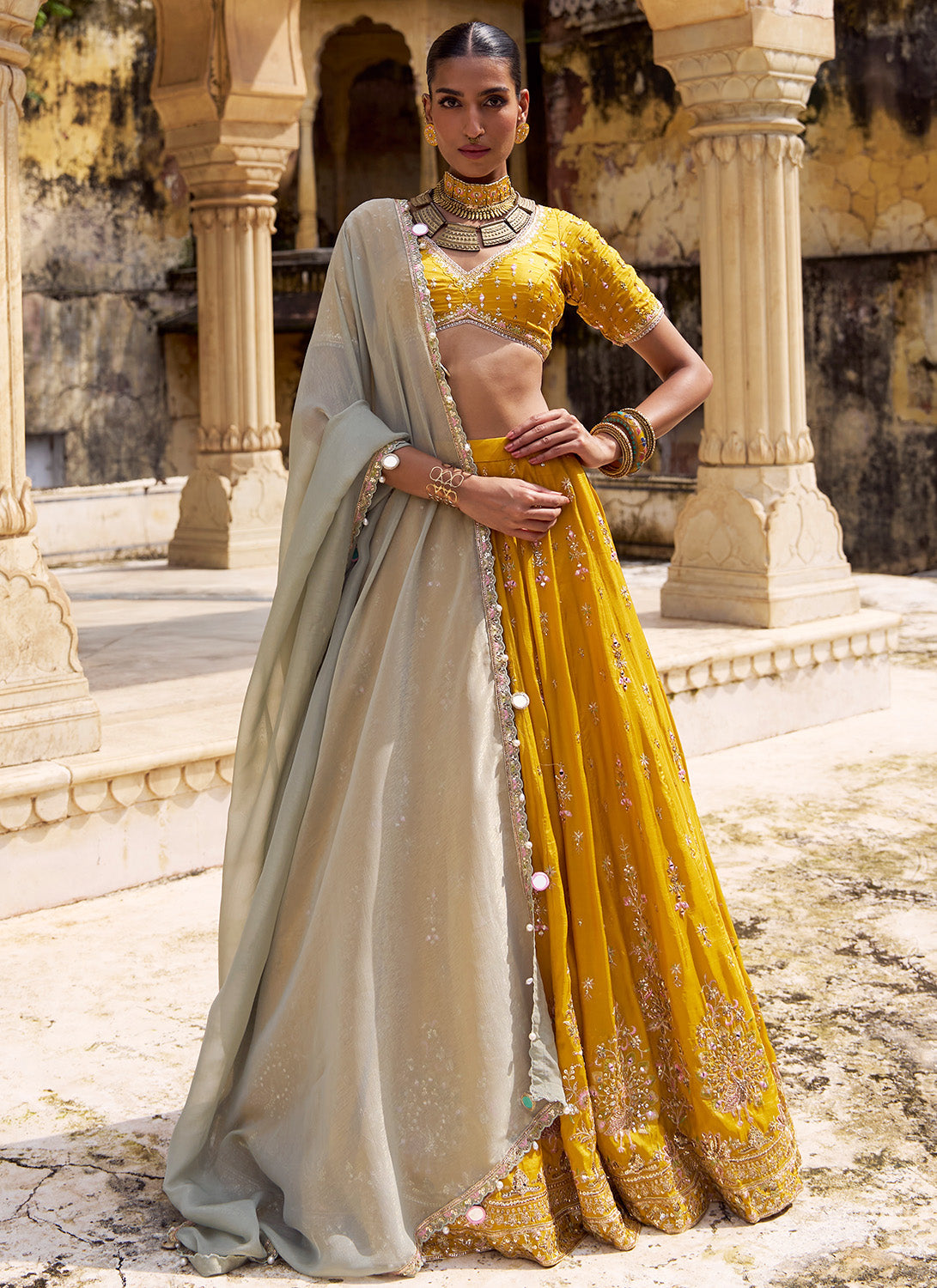 Yellow Embroidered Viscose Silk Lehenga