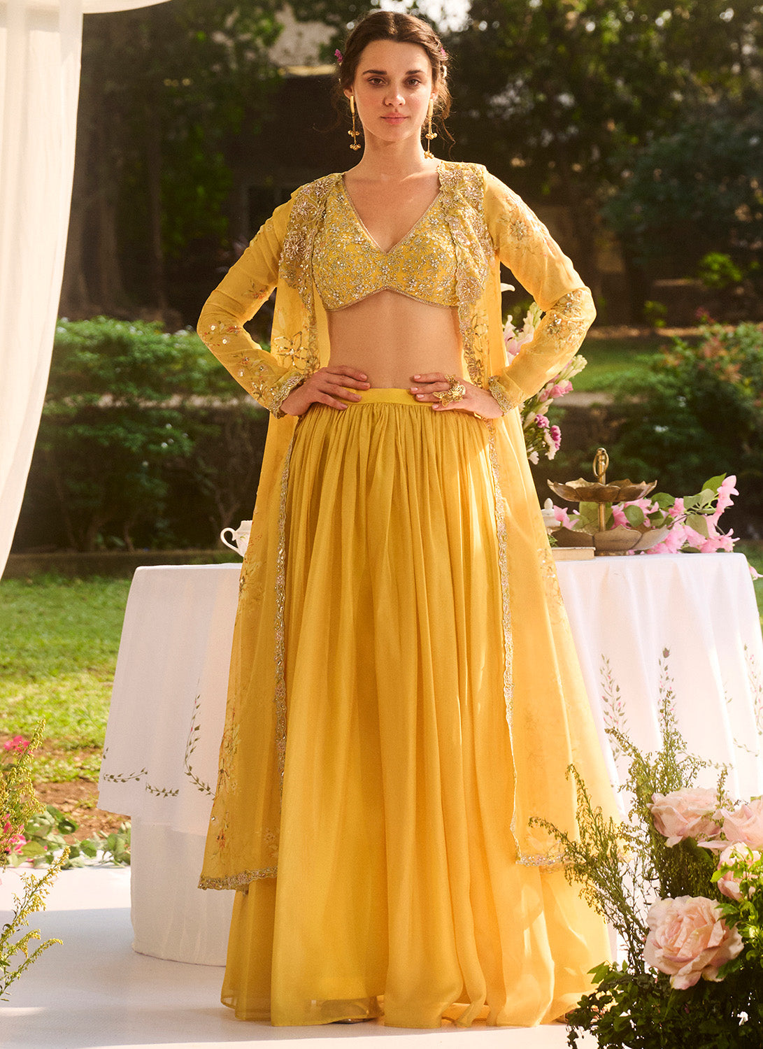 Yellow Floral Embroidered Pant Set With Jacket