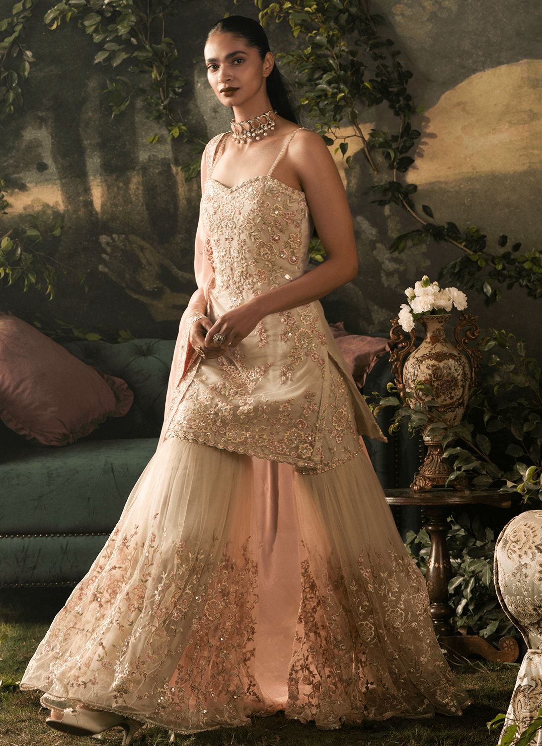 Beige and Pink Embroidered Net Gharara - Lashkaraa