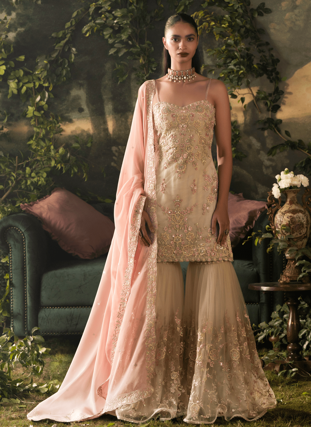 Beige and Pink Embroidered Net Gharara - Lashkaraa