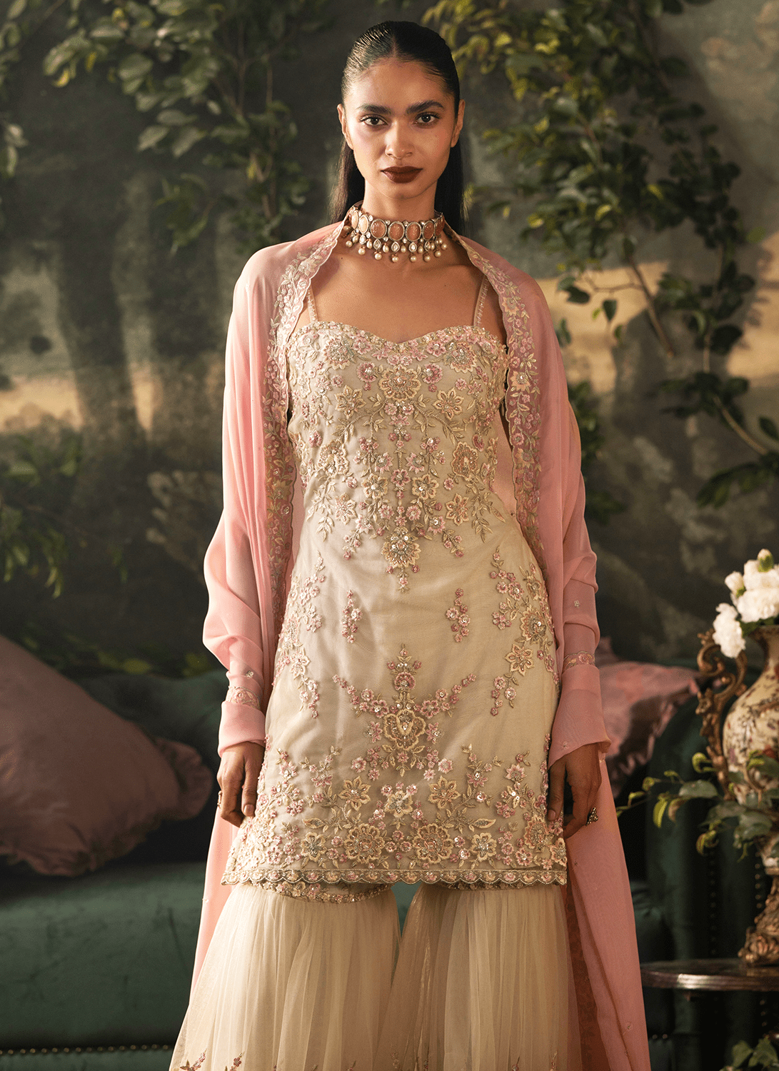 Beige and Pink Embroidered Net Gharara - Lashkaraa