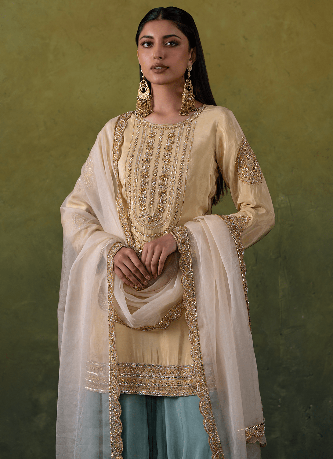 Beige and Sea Green Embroidered Crepe Sharara - Lashkaraa
