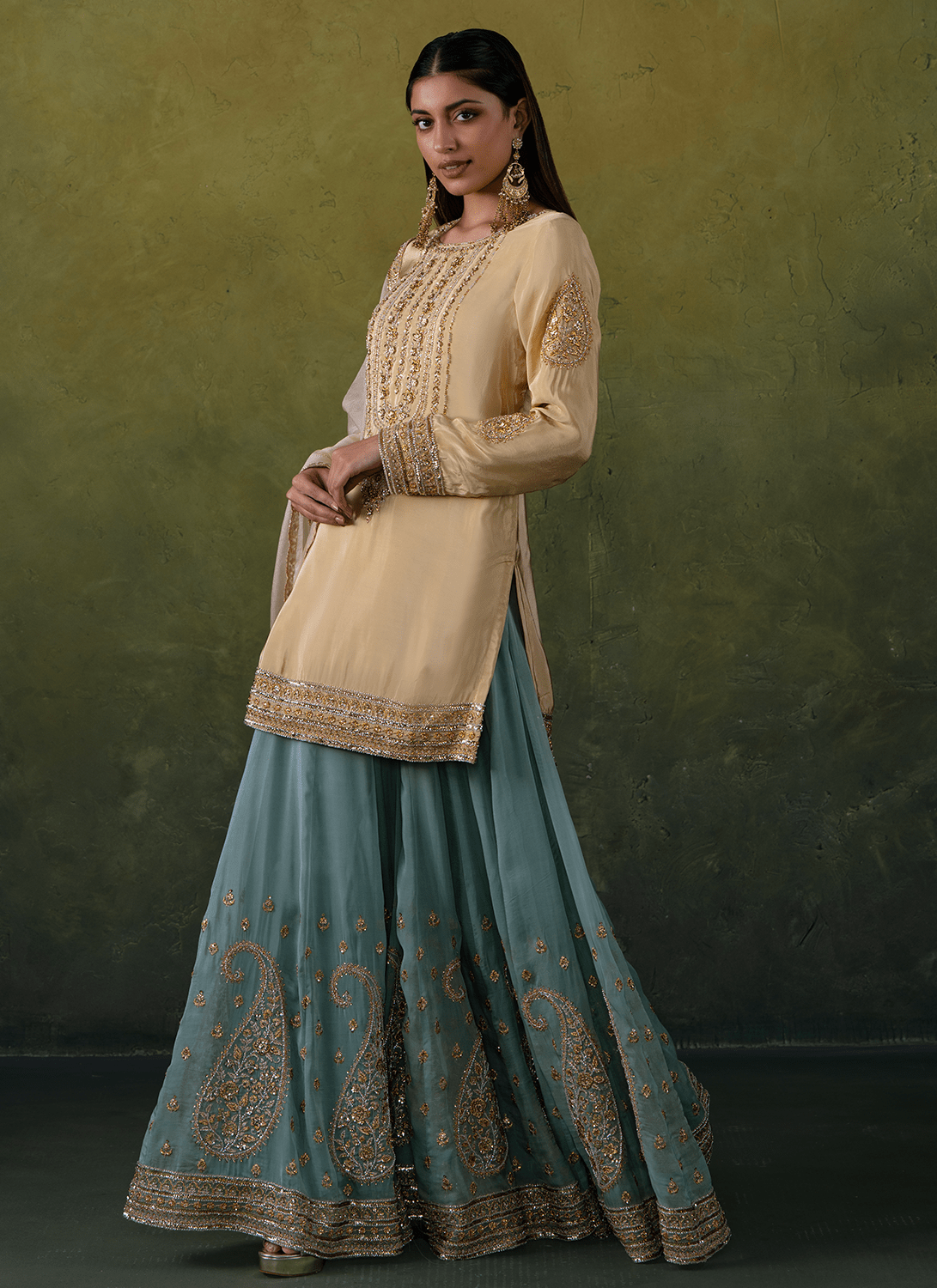 Beige and Sea Green Embroidered Crepe Sharara - Lashkaraa