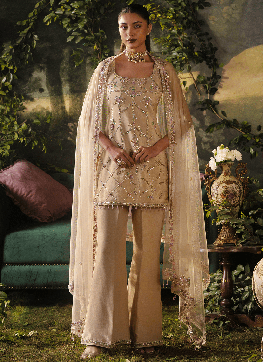 Beige Embroidered Tissue Pant Suit - Lashkaraa