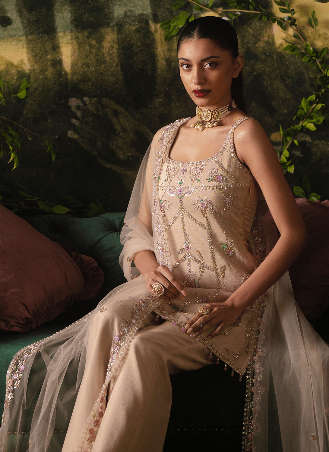 Beige Embroidered Tissue Pant Suit - Lashkaraa