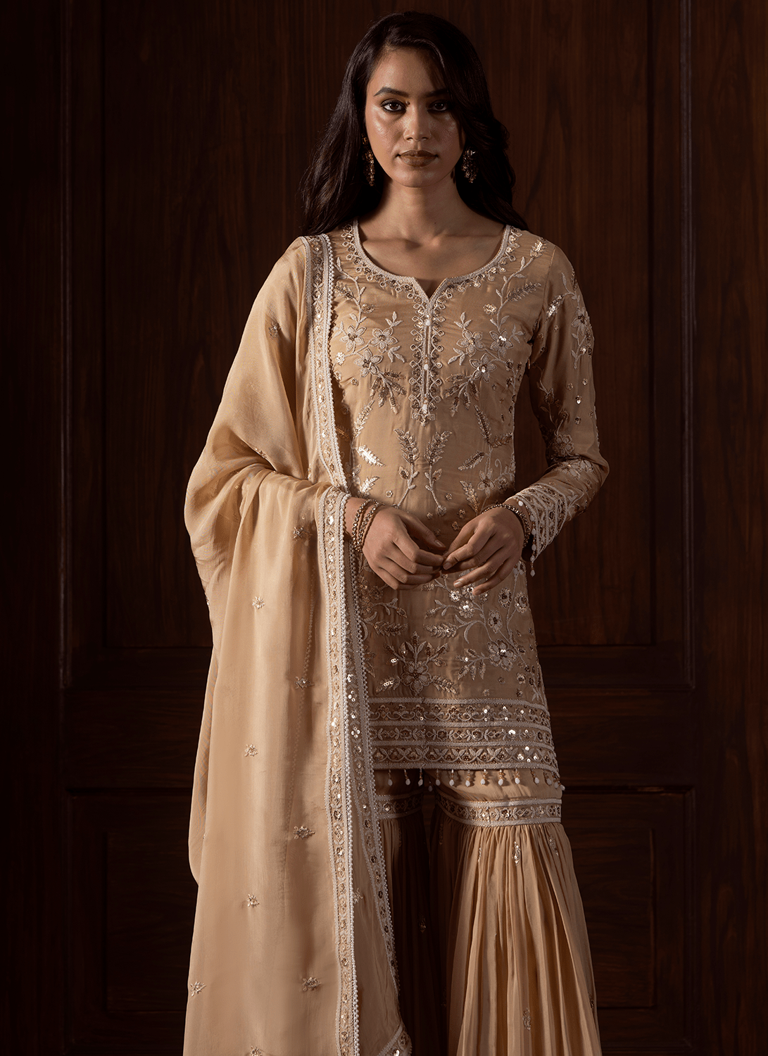 Beige Embroidered Viscose Organza Gharara - Lashkaraa