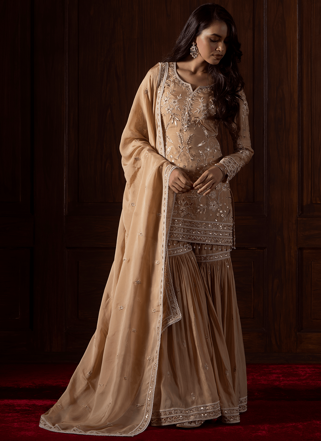 Beige Embroidered Viscose Organza Gharara - Lashkaraa
