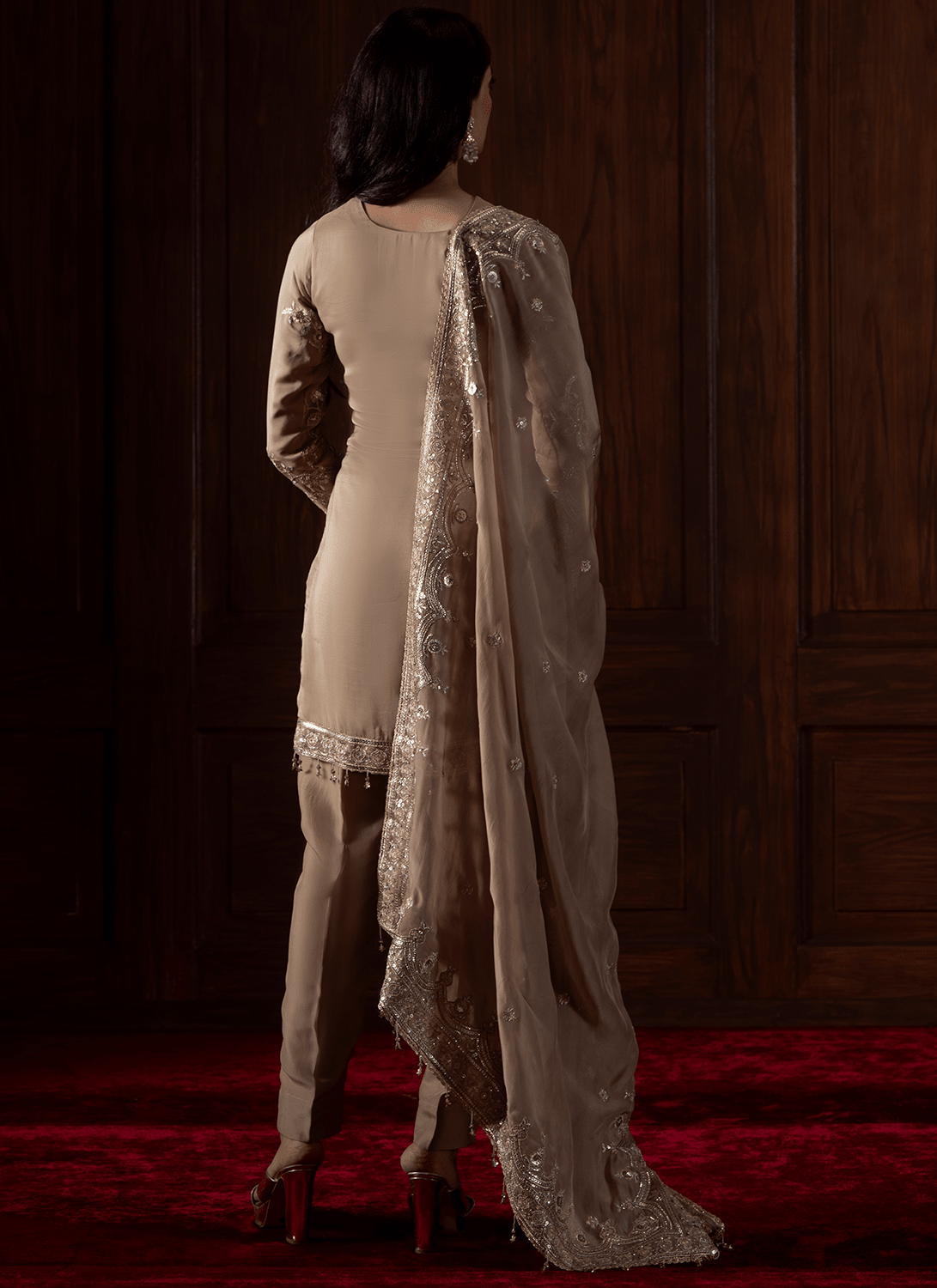Beige Embroidered Viscose Organza Pant Suit - Lashkaraa