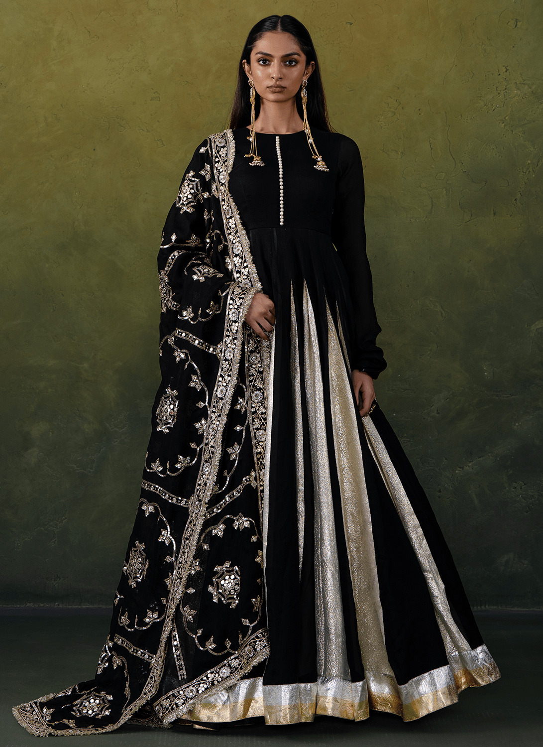 Black and Gold Embroidered Satin Anarkali - Lashkaraa